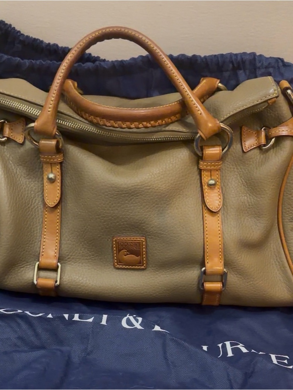 Dooney & Bourke Olive Leather Duffel with Tan Trim